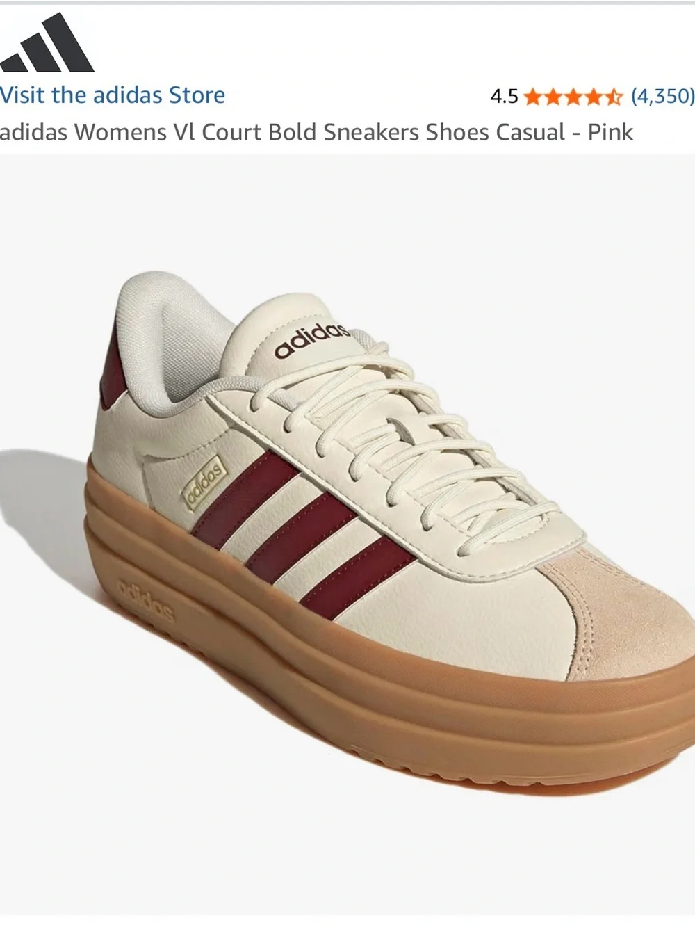 Adidas Womens Vl Court Bold Sneaker Cream & Burgundy Platform Sneakers